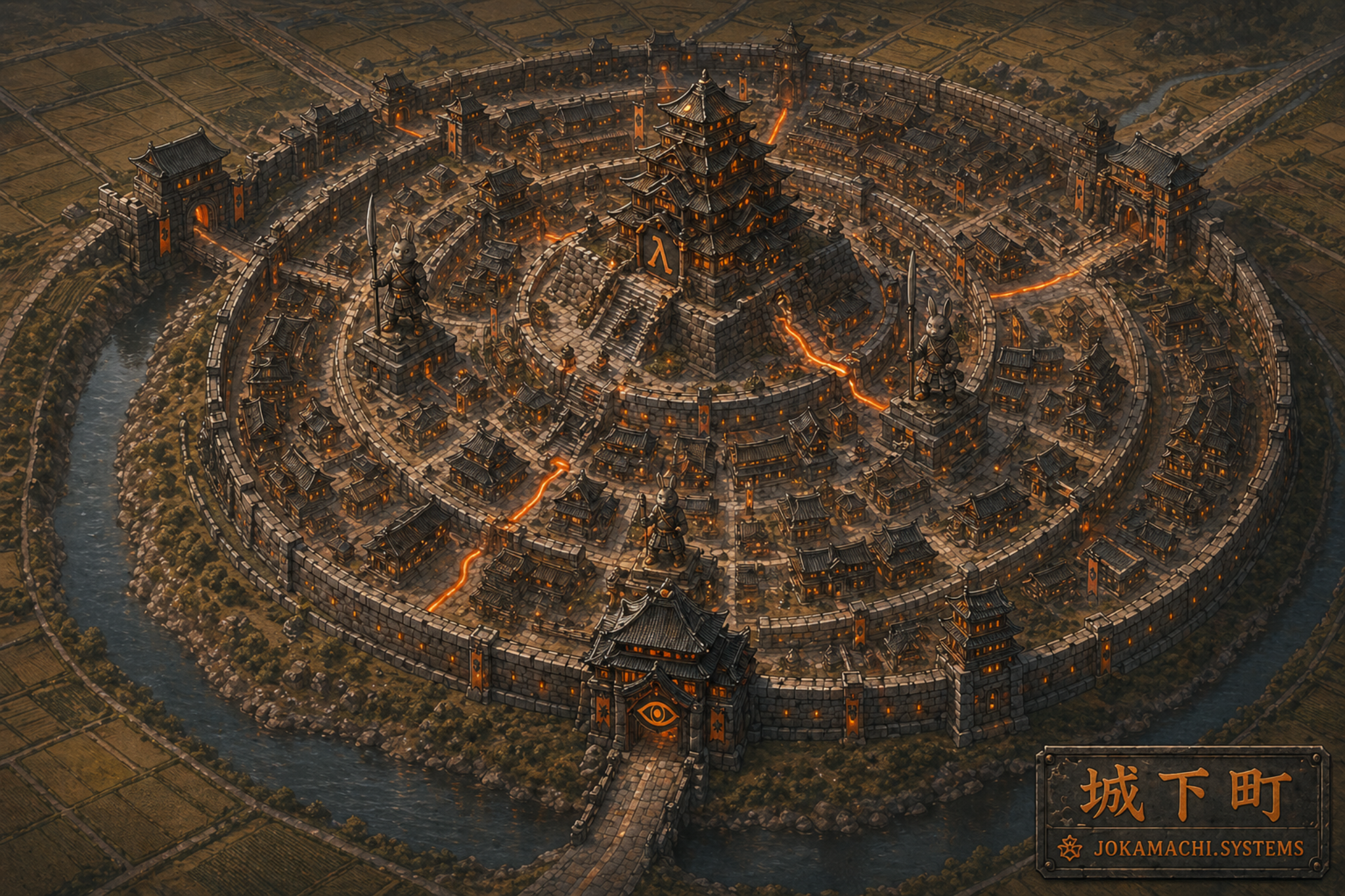 Aerial view of a circular jōkamachi: concentric rings of buildings around a central keep, lit forge-orange streets channeling between the layers, outer walls and a single gate.